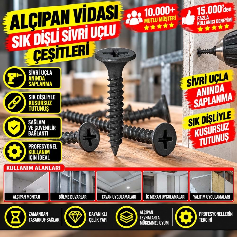 Alçıpan Vidası Sık Dişli Sivri Uçlu 3,5x45 500 Ad