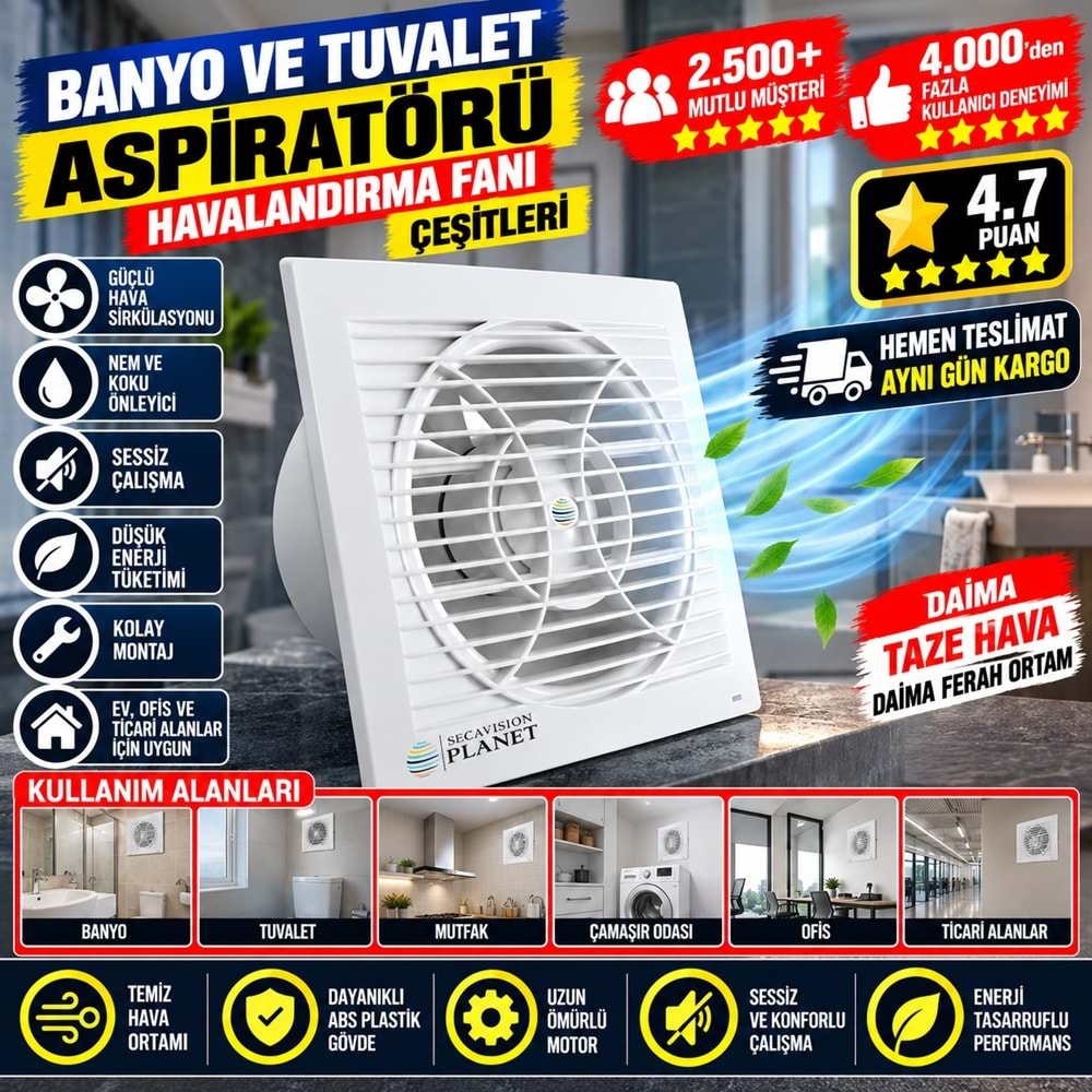Banyo ve Tuvalet Aspiratörü Havalandırma Fanı 100mm