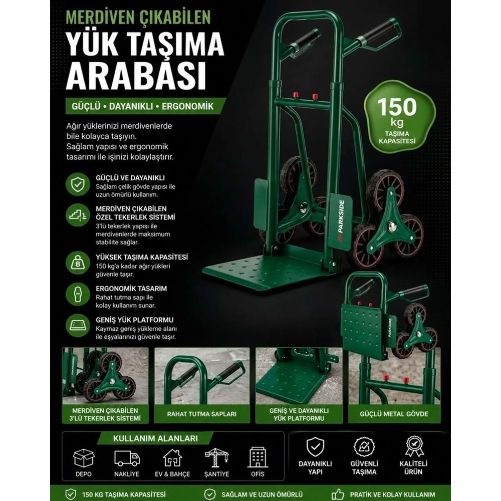 Kantlanır 150 kg Yük Taşıma Merdiven Çıkan Koli Servis Arabası